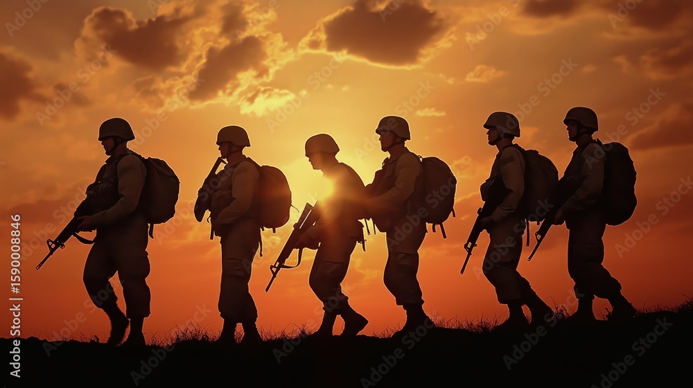 Fototapeta premium Group of soldiers standing together in the sunset, capturing a moment of unity and strength.