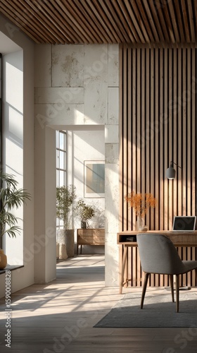 Modern Home Office With Wooden Accents and Natural Light in a Spacious Interior.