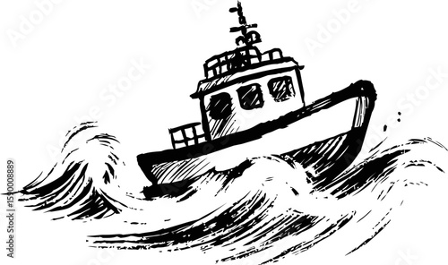 Black ink sketch of a boat navigating rough waves, abstract marine art style. Vector illustration