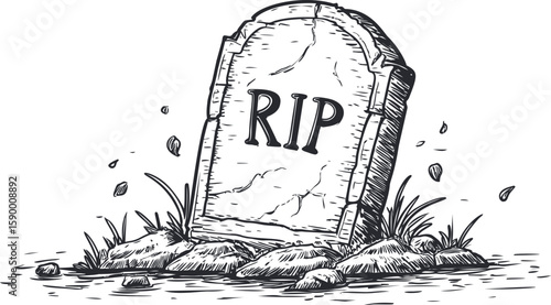Gravestone with rip inscription on barren ground, sketch illustration. Vector illustration