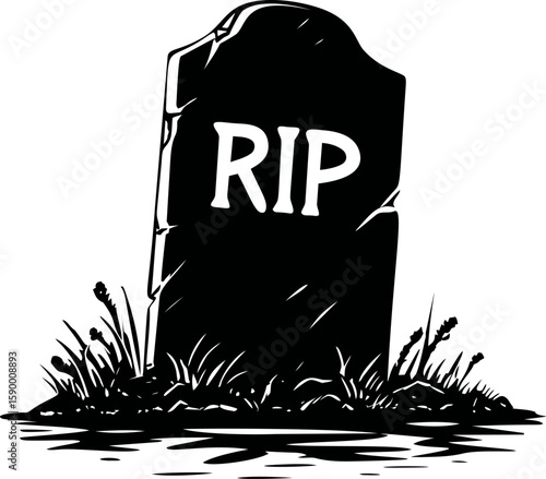 Gravestone with RIP text surrounded by grass in black and white artwork. Vector illustration