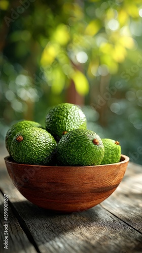 Fresh Avocados Stacked in a Wooden Bowl Ready for Cooking and Snacking in a B...