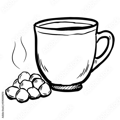 Hand-drawn tea mug with steaming liquid and cough drops beside it  