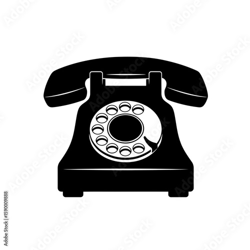 Vector art of a black silhouette of a vintage rotary telephone with a dial and handset