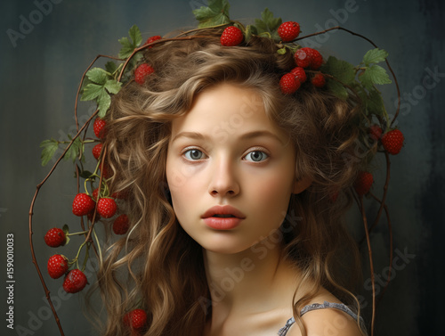 Ethereal Portrait of a Girl with Strawberries in Her Hair