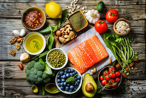 Flat Lay of Healthy Foods Including Salmon, Vegetables, and Nuts