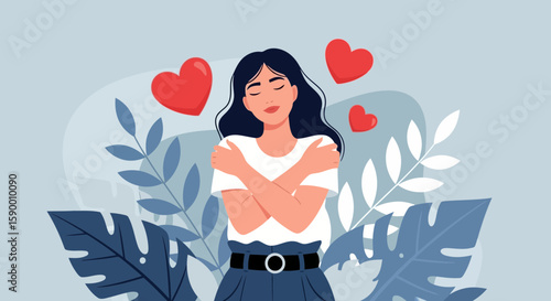 Vector art of a woman embraces herself with closed eyes and a gentle smile, surrounded by hearts and foliage, representing selflove and wellbeing