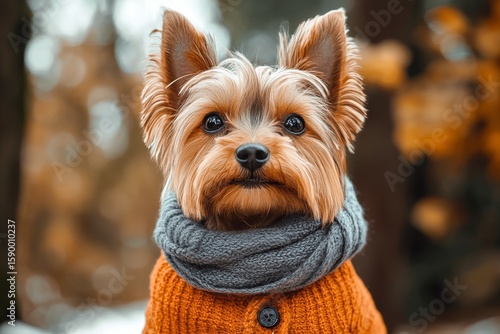 Cute Small Dog Wearing Scarf in Autumn Woods