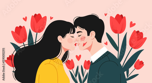 Vector art of a loving couple shares a tender kiss surrounded by vibrant red tulips and small hearts