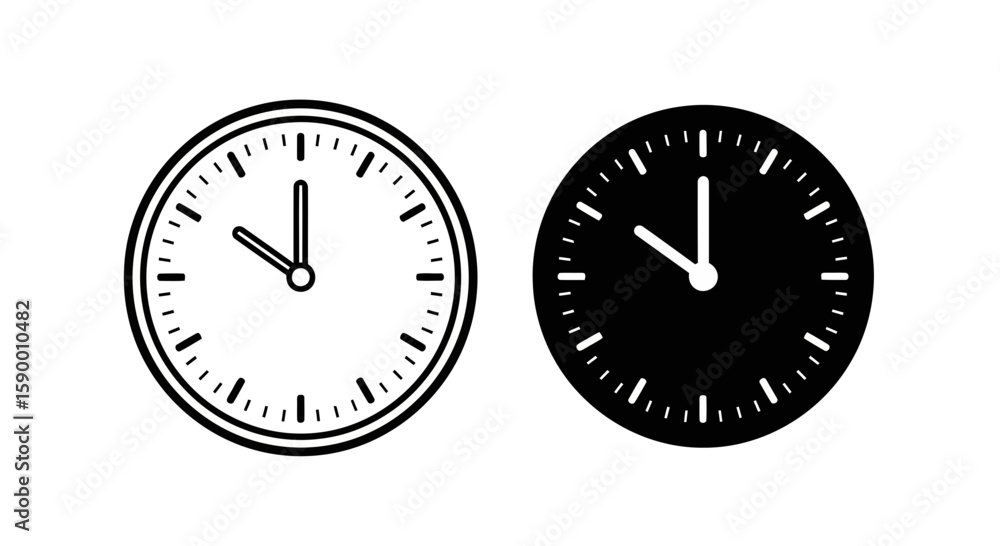 Vector art of two clocks, one in black and white and the other in black, display the same time, representing the concept of time Vector art of two clocks, one in black and white and the other in black, display the same time, representing the concept of time