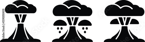Nuclear Explosion Icon Set – Black Mushroom Cloud Vector in Minimal Blast Symbol Design.