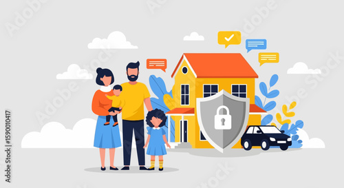 Vector art of a family stands in front of their secured home and car, symbolizing safety and protection