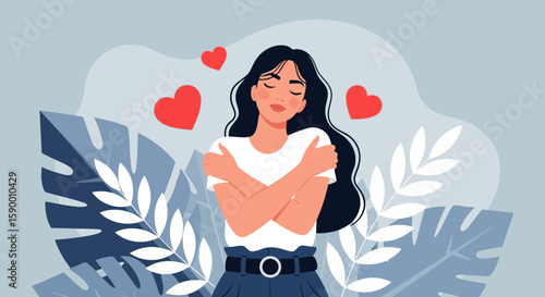 Vector art of a woman embraces herself with closed eyes and hearts floating around, representing selflove and care