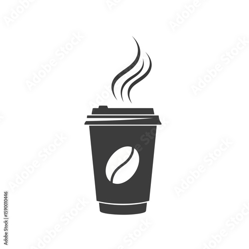 Vector art of a black icon of a takeaway coffee cup with steam rising, isolated on a white background