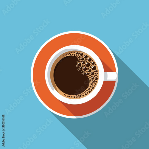 Vector art of a topdown view of a steaming cup of coffee with frothy bubbles on an orange saucer, casting a long shadow on a blue background