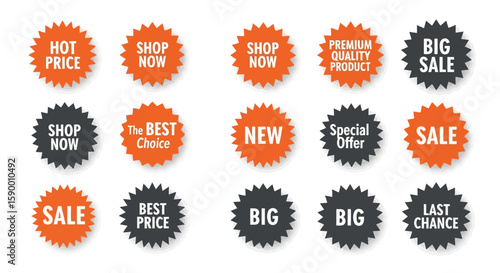 Vector art of a collection of starburst sale badges and labels with various promotional messages like hot price, shop now, and big sale