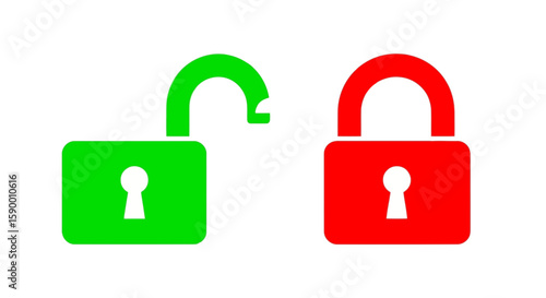 Vector art of two padlocks, one green and unlocked, the other red and locked, represent security and access
