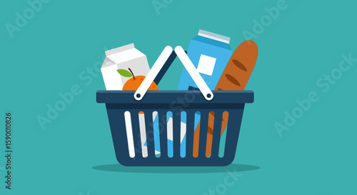 Vector art of a dark blue shopping basket filled with groceries, including milk, bread, and an orange
