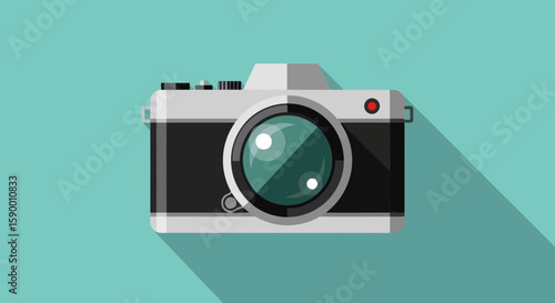 Vector art of a vintage film camera with a large lens and a red indicator light, casting a long shadow