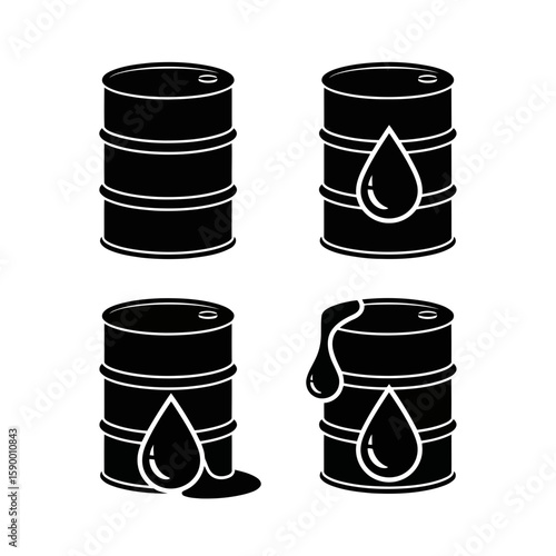 Vector art of set of four black icons depicting oil barrels with dripping liquid and spills on a white background