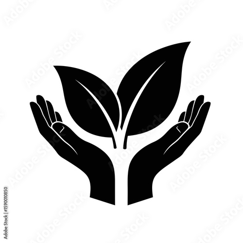 Vector art of two hands gently cupping two large green leaves, symbolizing care for nature and growth