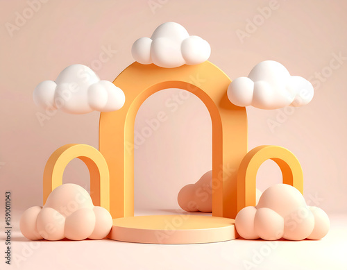 Pastel-colored 3D archway display podium with clouds, a whimsical design.