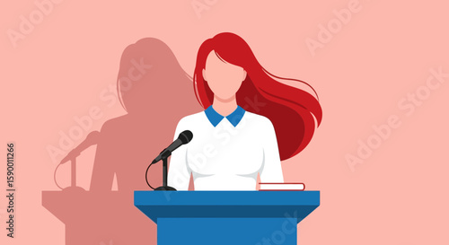 Vector art of a woman with long red hair stands at a blue podium with a microphone, ready to give a speech or presentation