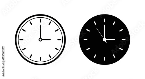 Vector art of two clock faces, one outlined in white and the other solid black, symbolizing time and its passage