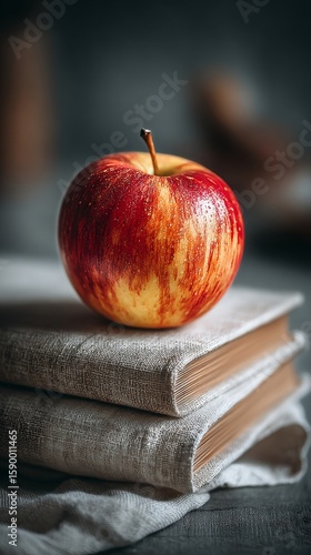 Fresh Red Apple Resting on Stacked Books in Warm Indoor Light During Afternoo...