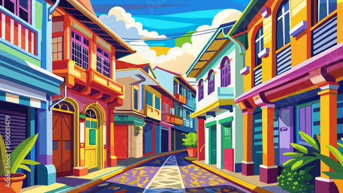 George Town, Penang, Malaysia – Colonial buildings with colorful murals line narrow streets. This multicultural city is a vivid blend of history and street art, perfect for lively vector scenes.