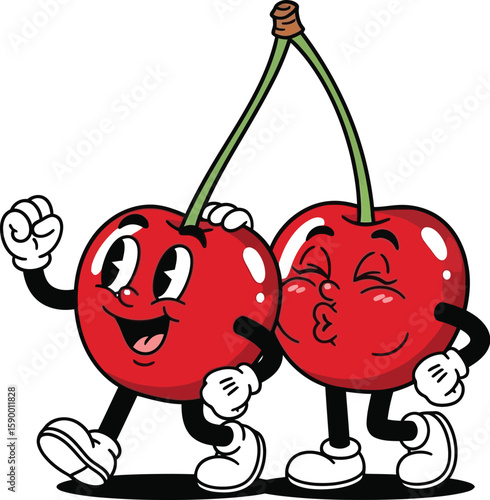 Cheerful cherry characters sharing a playful moment in vintage