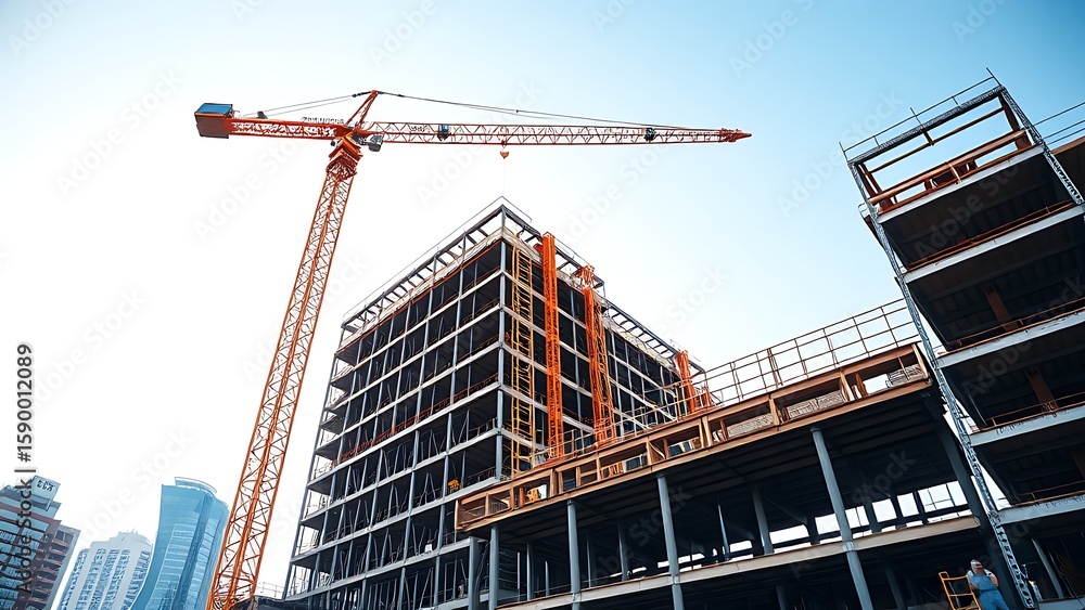 Fototapeta premium Construction site with towering crane and skyscraper framework under daylight, showcasing urban development.