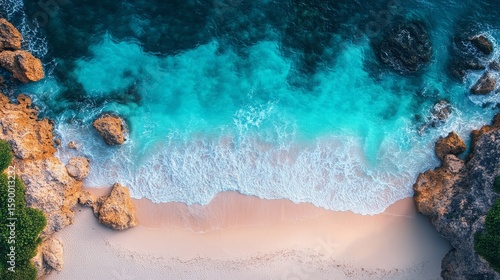 Serenity at the Shoreline With Turquoise Waves and Sandy Beach Near Rocky Cliffs
