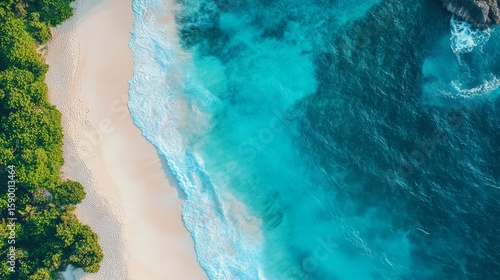 Vibrant Beach Shoreline With Turquoise Waters and Lush Greenery During Bright...