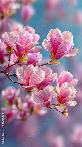 Beautiful Magnolia Flowers Blooming in Springtime Under Soft Blue Sky