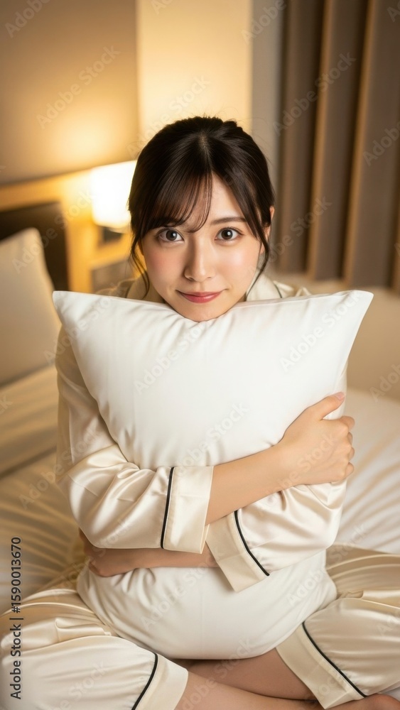 就寝前のベッドで枕を抱き笑顔を見せるパジャマ女子 就寝前のベッドで枕を抱き笑顔を見せるパジャマ女子