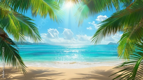 Relaxing Beach View With Palm Trees Under Sunny Sky and Calm Ocean