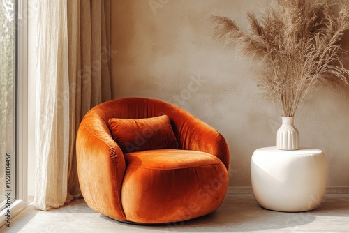 Cozy Orange Chair and Minimalistic Decor in a Bright Living Room With Natural...