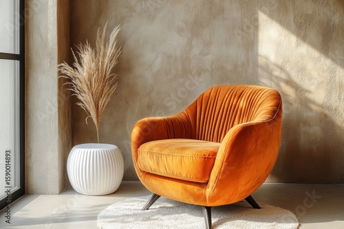 Cozy Orange Chair and Minimalistic Decor in a Bright Living Room With Natural...