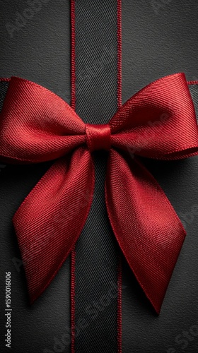 Elegant Red Bow on a Black Gift Box Ready for Celebration or Special Occasion