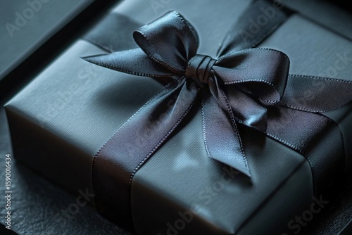 Elegant Black Gift Box Wrapped With Satin Ribbon on Dark Background