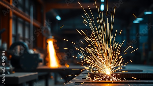 A close-up of a metal workshop with glowing sparks and dramatic lighting.