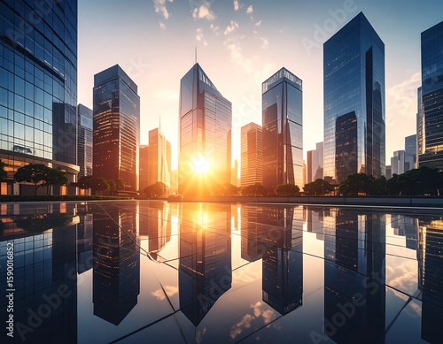 Modern cityscape at sunrise, reflected in a pool