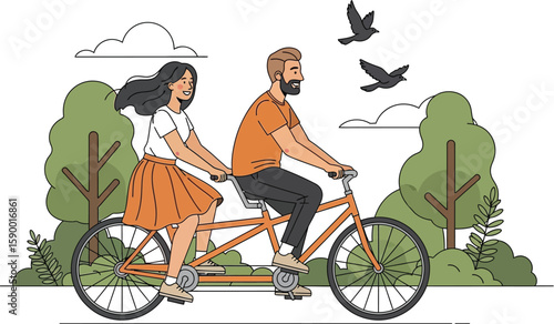 Happy couple rides a tandem bike in a park illustration