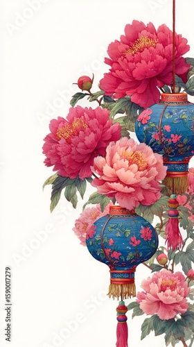 Red Lanterns Decorated With Flowers Hang Beautifully in an Artistic Display f...
