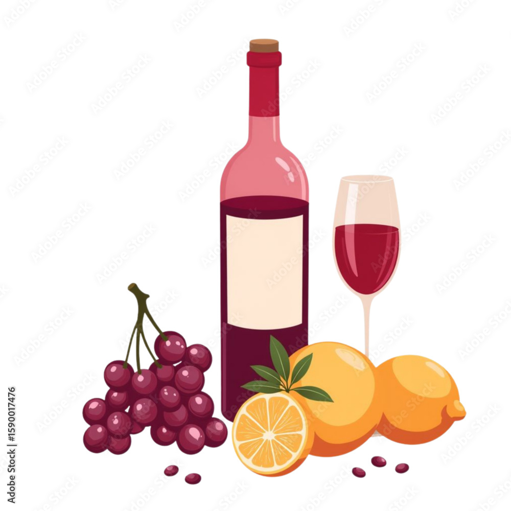 Obraz premium Wine bottle with grapes, lemons, and glass on white background 