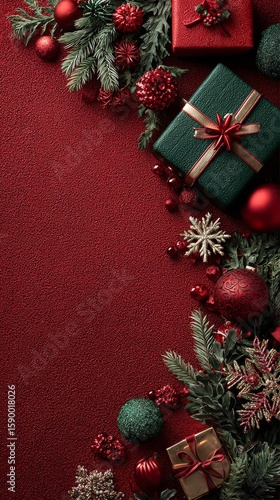 Festive Holiday Decorations With Gifts, Ornaments, and Greenery on a Red Back...