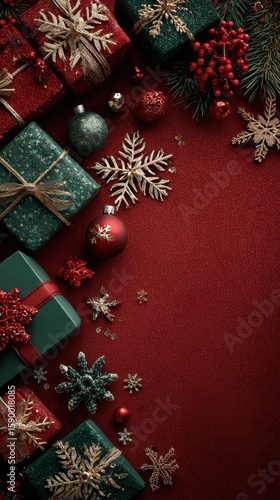 Festive Holiday Decorations With Gifts, Ornaments, and Greenery on a Red Back...