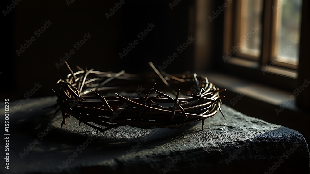 Fototapeta premium A symbolic crown of thorns resting on a dark surface, representing Christian sacrifice and devotion.
