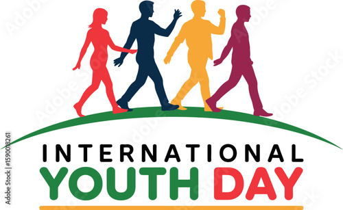 International youth day logo with colorful silhouettes walking on a green curved line design